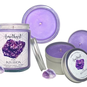 Amethyst Crystal Vegan Candle - Lavender & Citrus Scent, Healing Candle for Spiritual Growth, Crown Chakra, Crystal Infused Soy Wax Candle