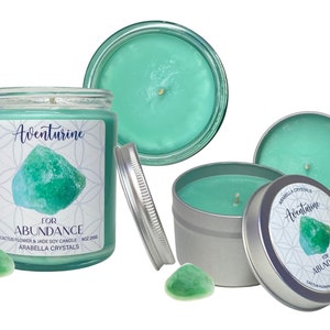Aventurine Crystal Healing Candle - Cactus Flower & Jade Scent, Vegan Soy Wax Candle, Witchy Crystal Infused Candle for Energy, Abundance