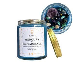 Mercury Retrograde Protection Candle with Healing Crystals for Manifestation Candle Ritual Soy Candle Scented with Marine, Jasmine, and Musk