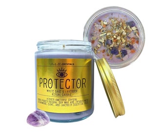 PROTECTOR Herbal Candle Jar / White Sage & Lavender Amethyst Crystal Candle / Spiritual Soy Wax Candle