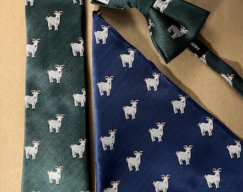 Goat Embroidered Tie, Pocket Square, Bow Tie - Navy & Green