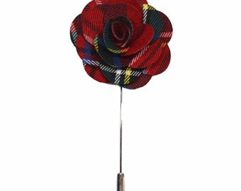 Épinglette fleur tartan rouge / Corsage / Boutonnière / Boutonnière