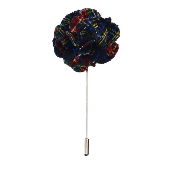 Navy Blue Tartan Flower Lapel Pin / Corsage / Buttonhole / Boutonnière