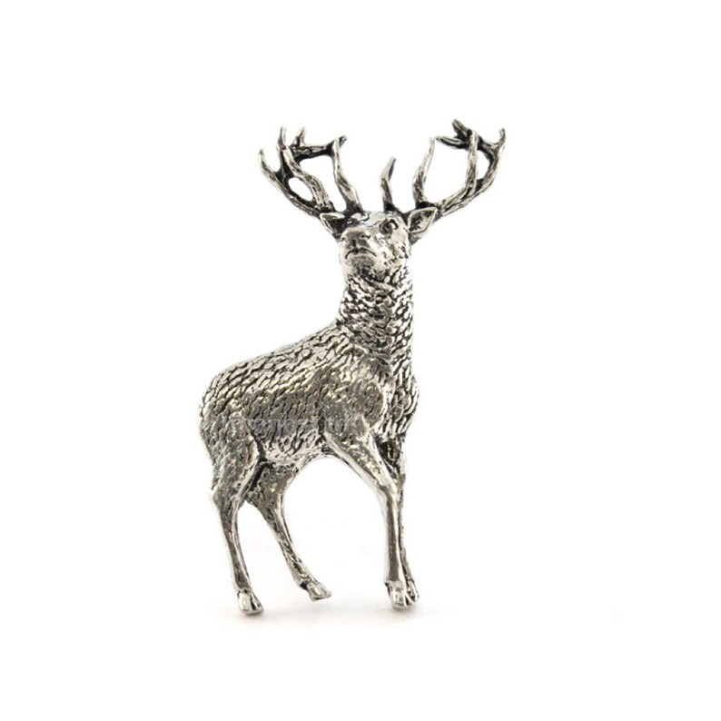 Standing Red Deer Stag Pewter Pin Brooch – British Artisan Signed Badge – Hunting Gift