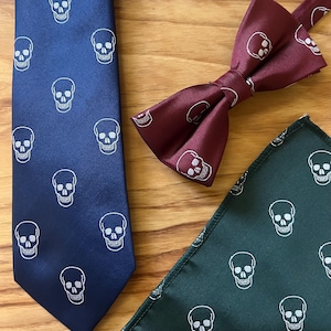 Embroidered Skull Tie, Pocket Square, Bow Tie, Navy & Green Burgundy Options