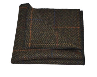 Dark Olive Green Herringbone Check Pocket Square / Handkerchief