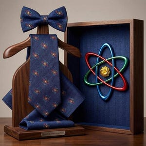 May include: A dark blue bow tie, necktie, and pocket square set featuring a repeating atom pattern, displayed on a wooden stand. A wooden box contains a three-dimensional atom model with red, blue, and green rings and a gold centre. The base reads QUANTUM ATOM COLLECTION.