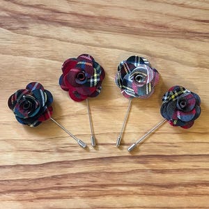 Tartan Flower Lapel Pin / Corsage / Buttonhole / Boutonnière - Red, Dark Green, White and Grey Options