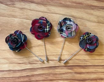 Tartan Flower Lapel Pin / Corsage / Buttonhole / Boutonnière - Red, Dark Green, White and Grey Options