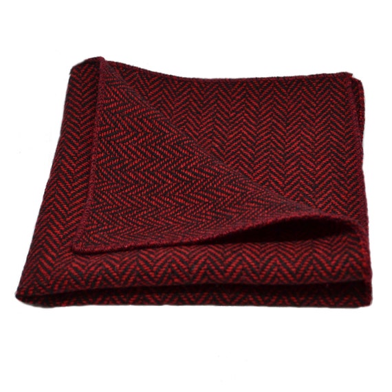 Cranberry Red /& Black Herringbone Pocket Square Handkerchief