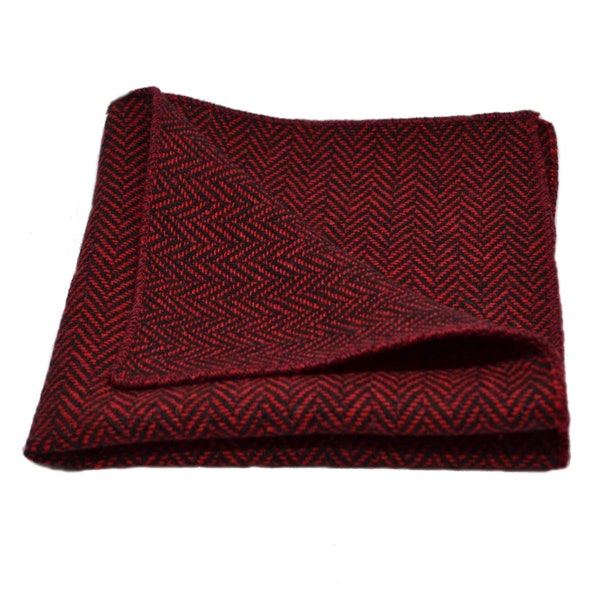 Cranberry Red & Black Herringbone Pocket Square / Handkerchief