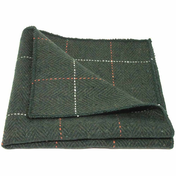 Luxury Herringbone Forest Green Tweed Pocket Square / Handkerchief