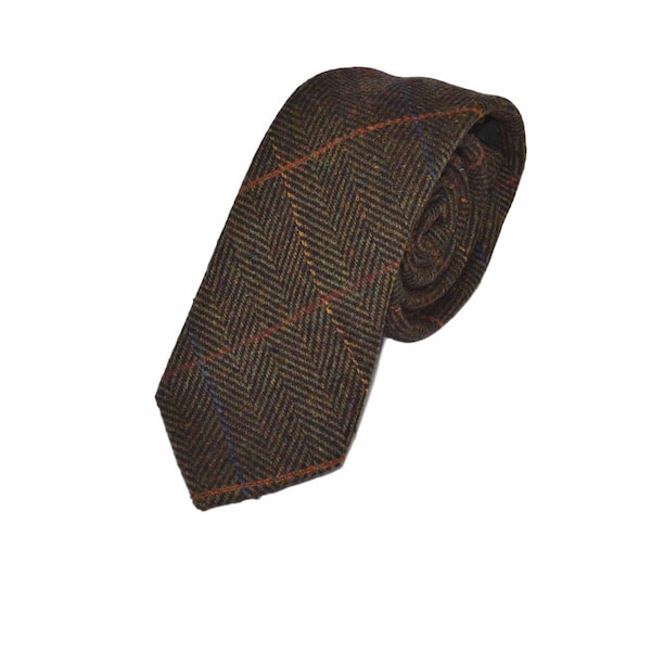 Dark Olive Green Herringbone Check Tweed Tie