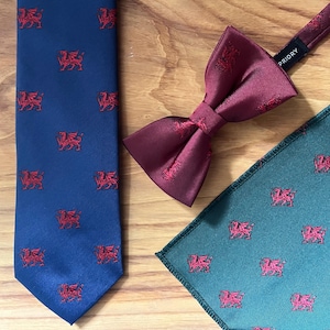 Embroidered Welsh Dragon Tie, Pocket Square, Bow Tie - Red, Navy & Green Options