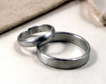 His and Hers Matching Wedding Band Set Brushed Hammered Pewter