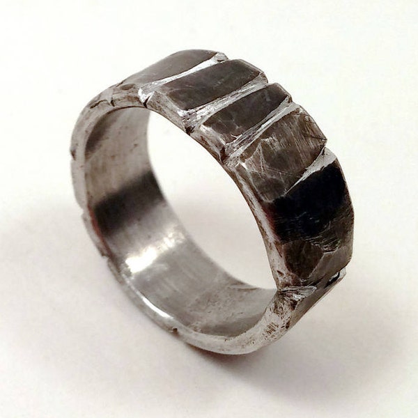 Industrial Viking Wedding Ring with Hammered Blackened Pewter