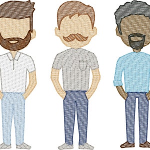 Puede incluir: Tres ilustraciones de dibujos animados de personas con diferentes peinados y ropa. La persona de la izquierda lleva una camisa polo blanca y pantalones vaqueros azules. La persona del medio lleva una camisa gris y pantalones vaqueros azules. La persona de la derecha lleva una camisa azul claro y pantalones vaqueros azules.