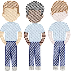 May include: Five cartoon illustrations of people standing side by side. Each person is wearing a light blue short-sleeved shirt and blue pants. The people have different hair colors and skin tones.