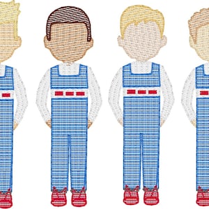 Puede incluir: Cuatro figuras bordadas de niños que llevan monos de rayas azules y blancas con una raya roja en la cintura. Las figuras tienen el pelo rubio, castaño y castaño claro.