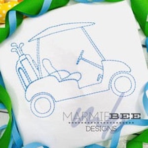 May include: A black and white line art illustration of a golf cart with golf clubs in the back. The cart is facing the right side of the image.