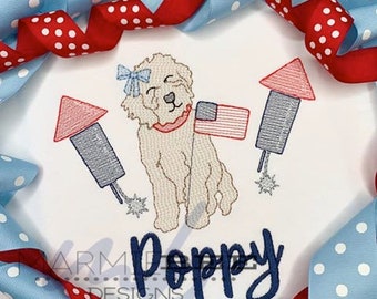 Golden Doodle Girl Patriotic Firework Trio Quick Stitch Embroidery