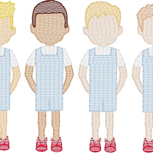 May include: Embroidered illustration of four figures wearing blue and white overalls, white shirts, and red and white striped shoes. Each figure has a different hair color: blonde, brown, and two shades of blonde.