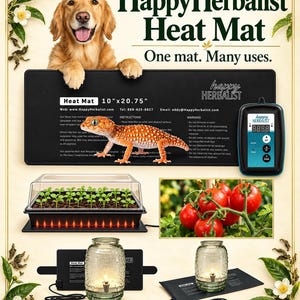 Puede incluir: Una alfombrilla térmica rectangular negra de 25,4 cm por 52,7 cm con controlador digital, con el texto HappyHerbalist Heat Mat, One mat. Many uses. Incluye imágenes de un perro, un gecko, plántulas en una bandeja y frascos de vidrio.