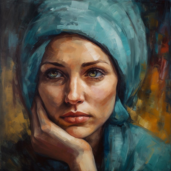 Digital Downloadable Art of a Beautiful Woman in a Blue Scarf  in an Oil Paint Style