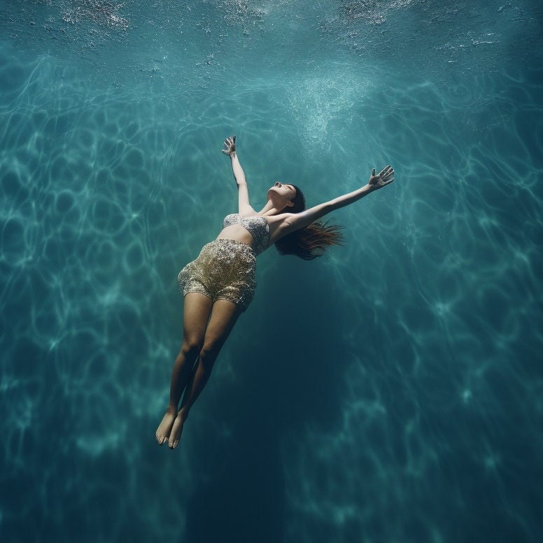 Ethereal Woman in Lace Floating in Blue Water Wall Art - Etsy