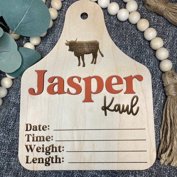 Cow Ear Tag Baby Birth Announcement Photo Prop,  Personalized Hospital Welcome Sign, 3D Engraved Wood Baby Name Announcement Stats Plaque