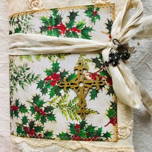 Handgemaakte Kersttekst junk journal, December Daily, herinneringen, schrijven, foto's