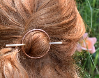 Copper circle hair barrette with german silver stick