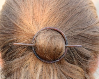 Oxidized Copper circle hair barrette with copper stick