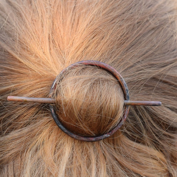 Oxidized Copper circle hair barrette with copper stick