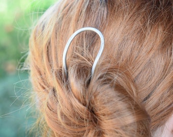 Silver hair pin, hammered curved hair slide