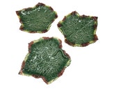 Majolica Set of 3 Footed Grape Leaf Plates Soapdishes Platters by Bordallo Pinneiro in Glazes of Green, Burgundy and Yellow Made-in-Portugal