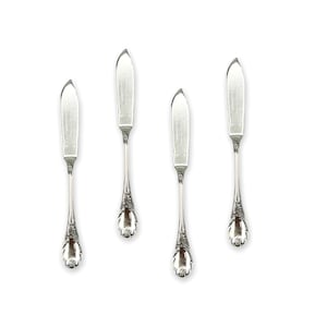 Flat Handle Master Baguette Butter or Fish Knives Marly Style (Silverplate, 1890, Glossy Handle) by CHRISTOFLE FRANCE, Lot of 4 knives