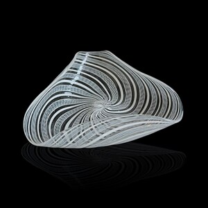 May include: A white glass bowl with black stripes swirling around the center. The bowl is slightly tilted and has a reflective surface.