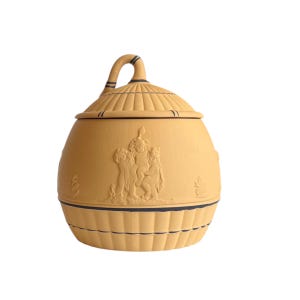 Seltene Gelbe Wedgwood Honig Topf & Deckel Black On Cane Jasperware