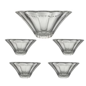 Shannon Crystal bowls 5, Salad set: 4 Salad Service Bowls and a Salad Dressing Tossing Bowl all Fluted & Made in Italy. Sans tongs.