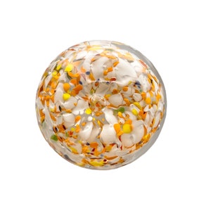 Multicolored Orange White Green Blue Spattered or mottled-ground Paperweight Art Glass with Controlled Center Bubble aka Bullicante-Style