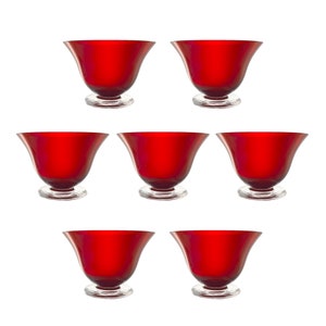 Morgantown-Style, Set of 7 Iconic Radiant Ruby Glassware, Clear Footed Short Sherbet or tumbler dessert glasses.
