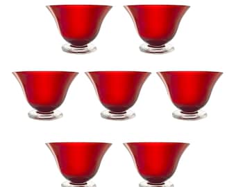 Set di 7 bicchieri da sorbetto o da dessert in stile Morgantown, iconici bicchieri Radiant Ruby, trasparenti e con base.