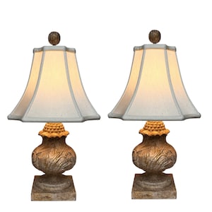 Pair of Basso Cornucopia Footed Distressed Topiary Vases or Urn Finial Table Lamps, Monochromatic Beige Finish, Corded w/ Wood Ball Finials