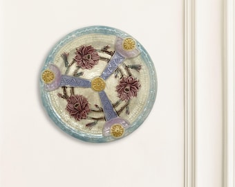 Majolica by Samuel Lear, a Victorian Dessert plate c.1880 Floral Decorative Wheel or Aztec Calendar Dish w/ French | Maximillian Influences.