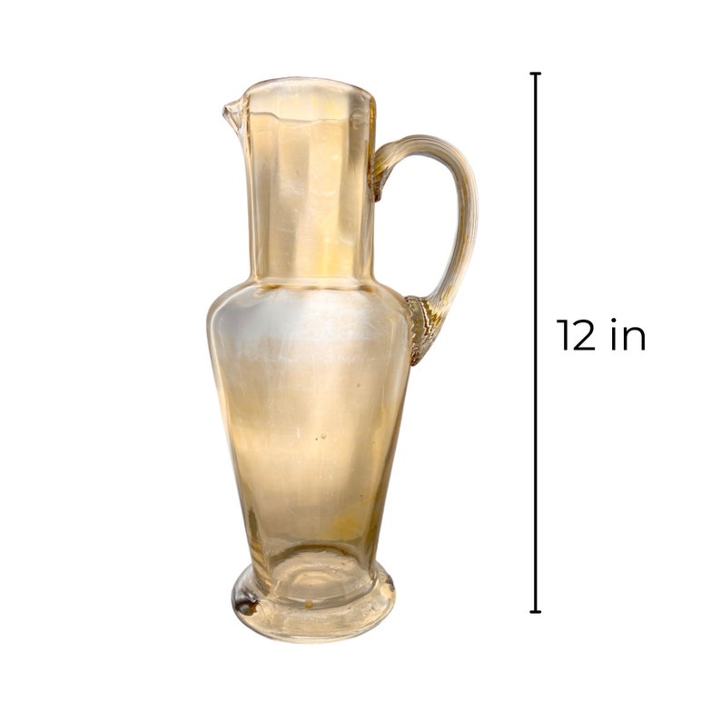 MidCentury Iridescent Amber Tall Glass Pitcher, 6 Matching Glasses Vintage Greek Revival Punch, Vintage Cocktail Set image 2