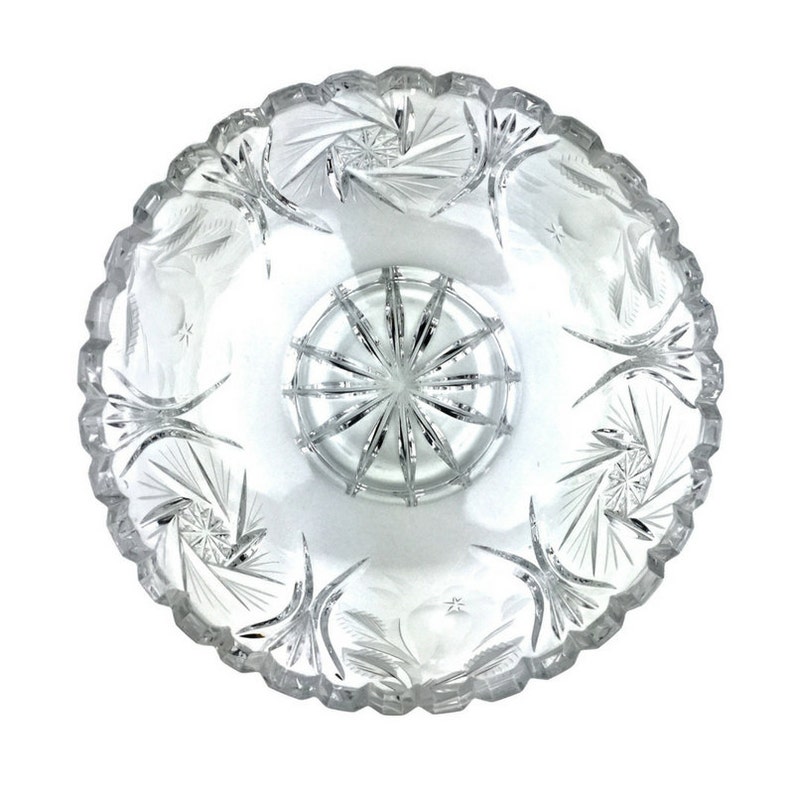 Waterford-Style Cut Crystal w Diamond and Wedge Cuts in an Eggplant Themed Fruit Bowl or Serving Dish or Shabby-Chic Tabletop Centerpiece