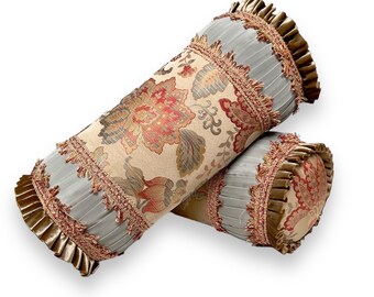 Cojines lumbares de seda, plisados, azul huevo de petirrojo y estampado floral, juego de 2