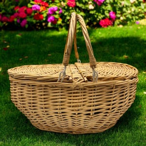 May include: A wicker picnic basket with two handles and a hinged lid. The basket is sitting on a green grassy lawn.