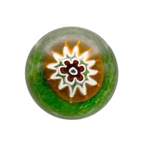 Murano Paperweight w/ Centered Brown Millefiore/Flower on a Yellow yolk over a Mottled Green Glass lawn-like Interior, ORIGINAL STICKER